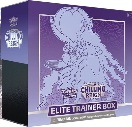 A purple Pokemon Chilling Reign Elite Trainer Box featuring Shadow Rider Calyrex artwork.