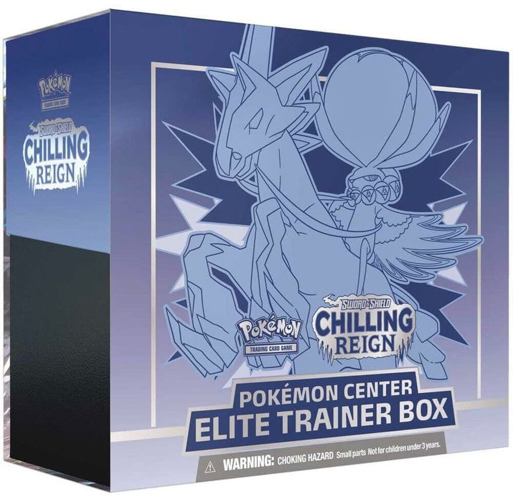 A blue Pokemon Chilling Reign Elite Trainer Box featuring Ice Rider Calyrex on the front.