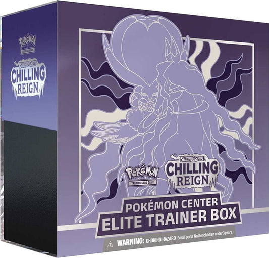 A purple Pokemon Center Elite Trainer Box featuring Shadow Rider Calyrex from Chilling Reign.