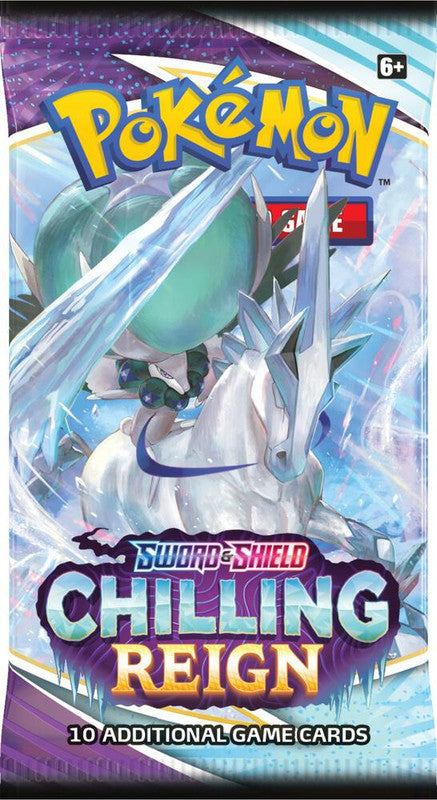 A Pokemon Chilling Reign booster pack featuring Ice Rider Calyrex on the front.