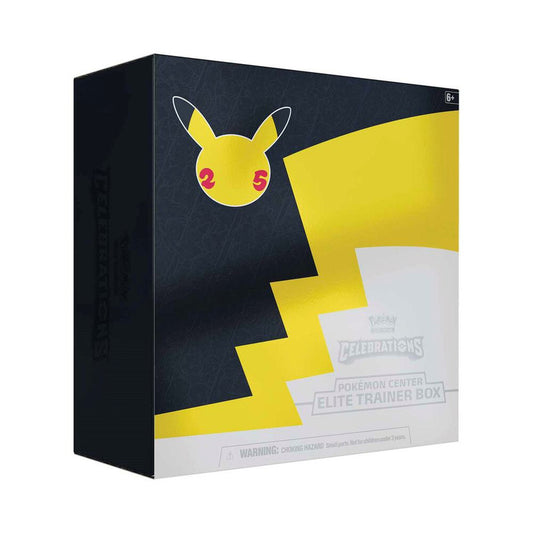 A Pokemon Celebrations Elite Trainer Box featuring a black and yellow Pikachu design.
