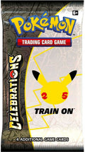 A Pokemon Celebrations booster pack featuring a Pikachu 25th anniversary logo.