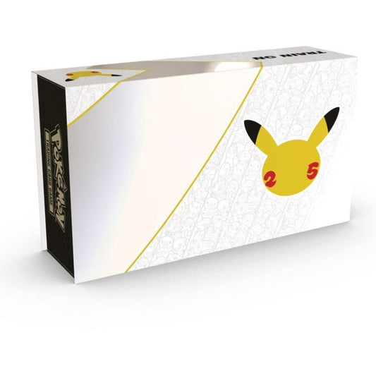A white Pokemon Celebrations Ultra Premium Collection box featuring a gold Pikachu 25th logo.