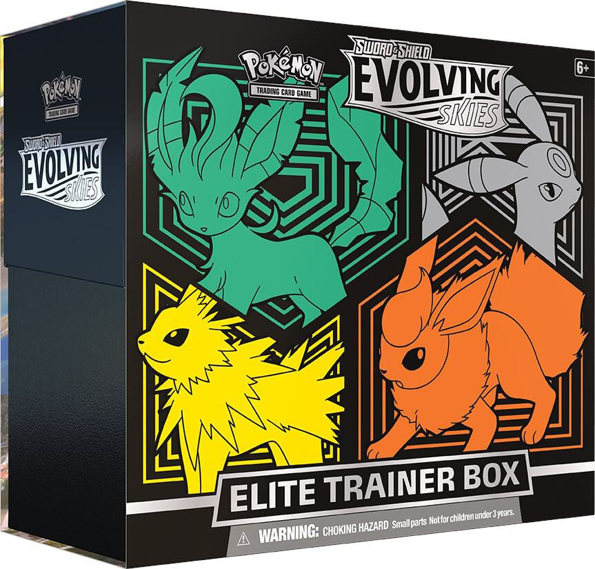 A Pokemon Evolving Skies Elite Trainer Box featuring Leafeon, Umbreon, Jolteon, and Flareon.
