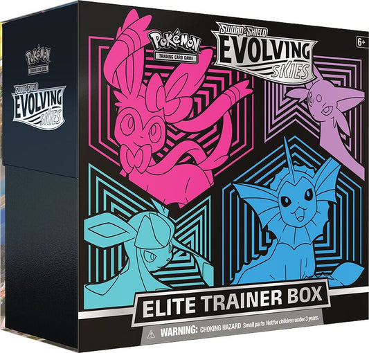 A black Pokemon Evolving Skies Elite Trainer Box featuring Sylveon, Espeon, Glaceon, and Vaporeon.