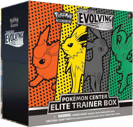 A Pokemon Evolving Skies Elite Trainer Box featuring Flareon, Jolteon, Umbreon, and Leafeon.