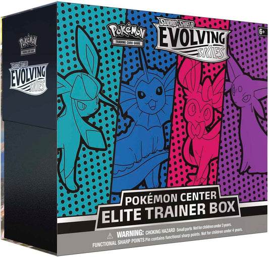 A Pokemon Evolving Skies Elite Trainer Box featuring Glaceon, Vaporeon, Sylveon, and Espeon.