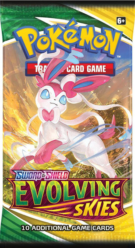 A Pokemon Evolving Skies booster pack featuring Sylveon on the front packaging.
