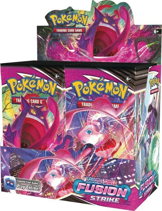 A Pokemon Fusion Strike booster box featuring Gengar and Mew artwork on the packaging.