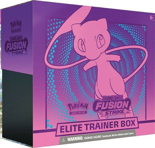 A purple Pokemon Fusion Strike Elite Trainer Box featuring Mew on the front cover.