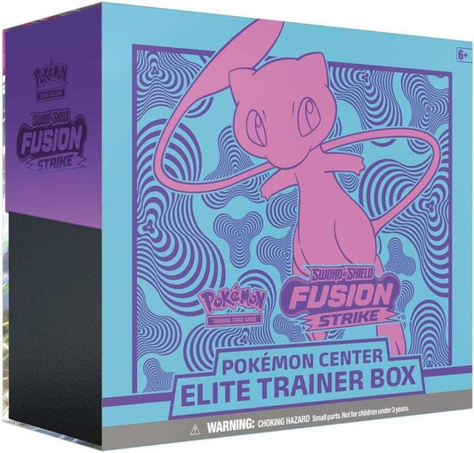 A Pokemon Fusion Strike Elite Trainer Box featuring Mew on a blue and purple patterned background.