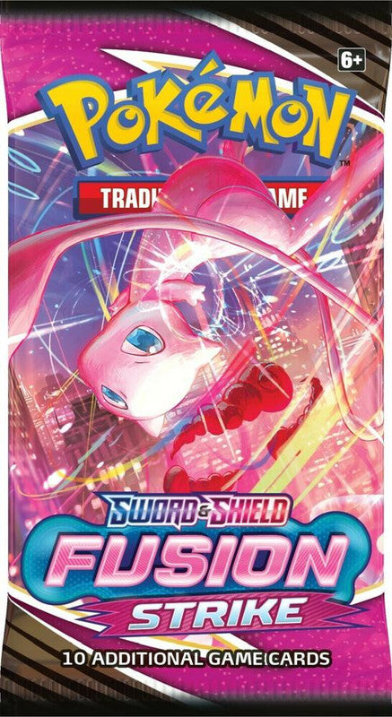A Pokemon Fusion Strike booster pack featuring Mew on a vibrant pink and purple background.