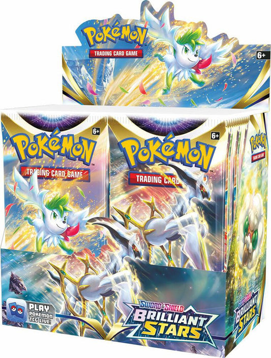 A sealed Pokemon Brilliant Stars booster box featuring Shaymin and Arceus on the packaging.