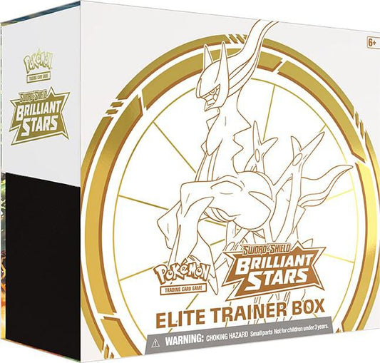 A white Pokemon Brilliant Stars Elite Trainer Box featuring a gold outline of Arceus.