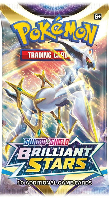 A Pokemon Brilliant Stars booster pack featuring Arceus on the front packaging.