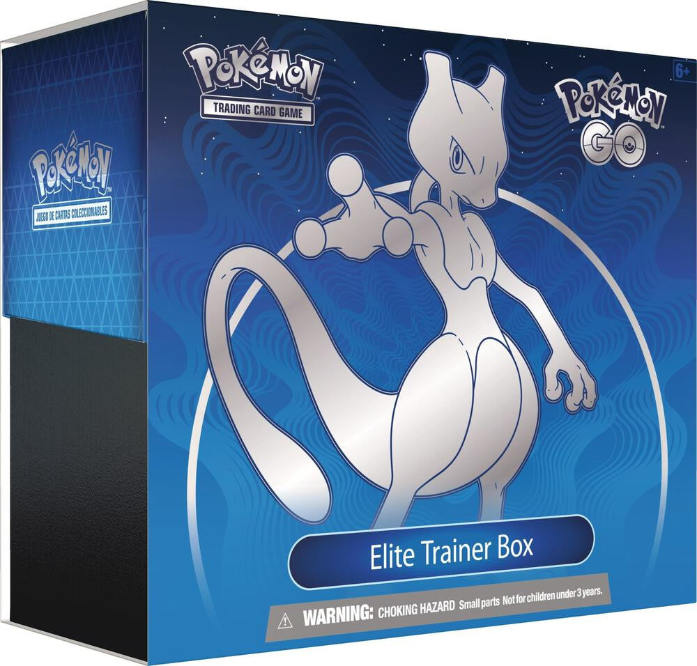 A blue Pokemon Go Elite Trainer Box featuring an illustration of Mewtwo on the front.