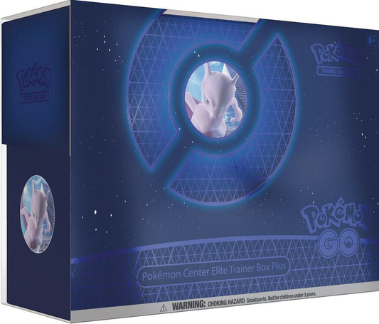 A dark blue Pokemon GO Elite Trainer Box Plus featuring Mew on the front.