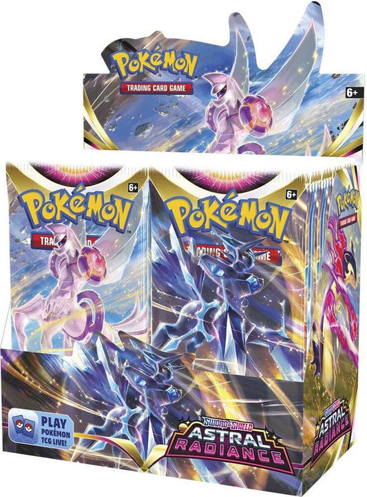 A sealed Pokemon Astral Radiance booster box featuring Origin Forme Palkia and Dialga artwork.