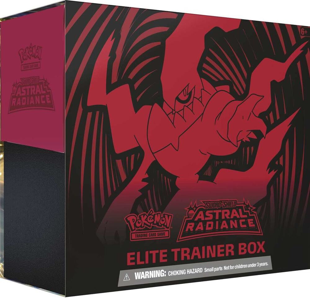 A Pokemon Astral Radiance Elite Trainer Box featuring Darkrai artwork on a black and red box.