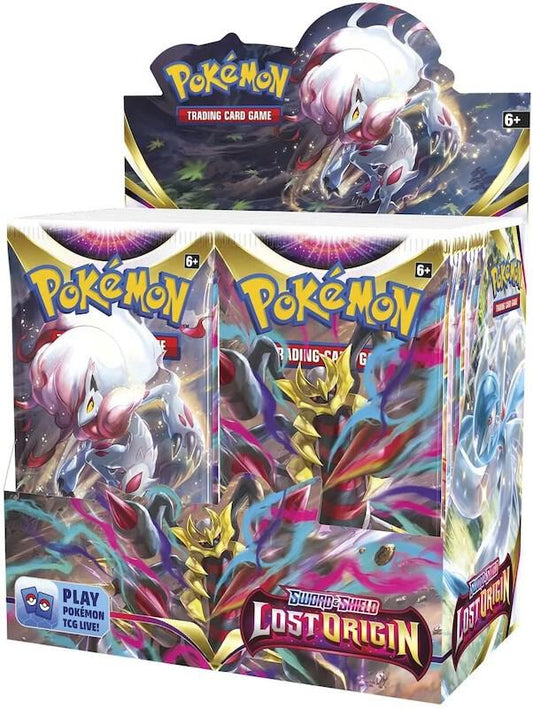 A sealed Pokemon Lost Origin booster box featuring Giratina and Hisuian Zoroark artwork.