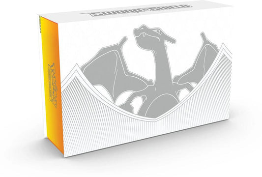 A white Pokemon Charizard Ultra Premium Collection box featuring a silver Charizard silhouette.
