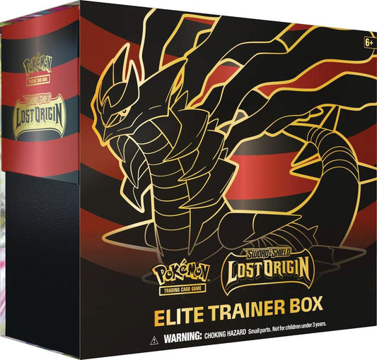 A Pokemon Lost Origin Elite Trainer Box featuring Giratina artwork on a black and red background.