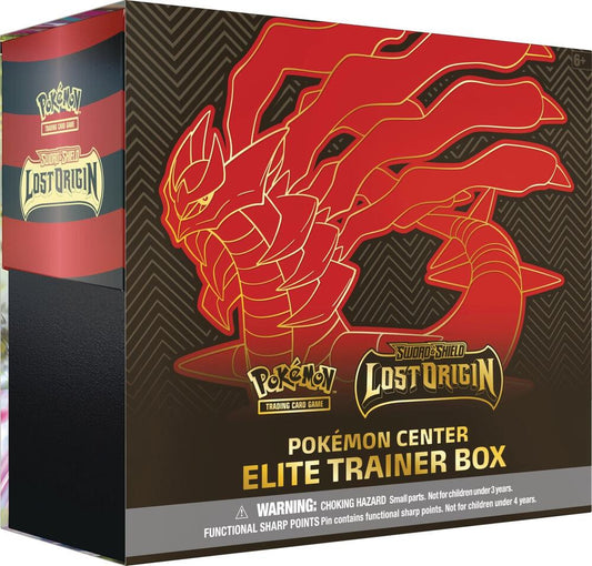 A Pokemon Lost Origin Elite Trainer Box featuring Giratina artwork on a black and red background.