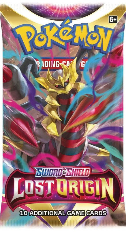 A Pokemon Lost Origin booster pack featuring Giratina artwork on the front.
