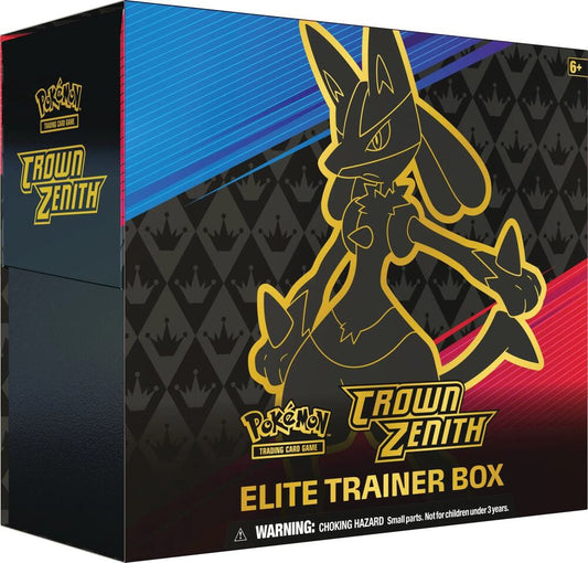 A Pokemon Crown Zenith Elite Trainer Box featuring a Lucario silhouette on the front.