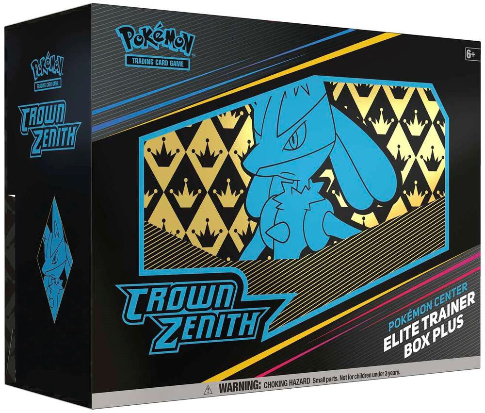 A Pokemon Crown Zenith Elite Trainer Box featuring Lucario artwork on a black and gold background.