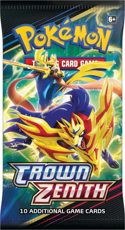 A Pokemon Crown Zenith booster pack featuring Zacian and Zamazenta on the packaging.
