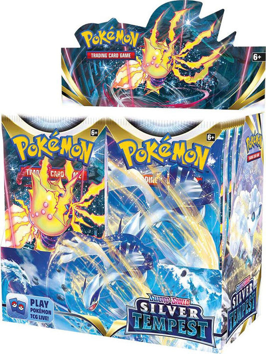 A sealed Pokemon Silver Tempest booster box featuring Lugia and Regieleki artwork.