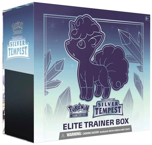 A Pokemon Silver Tempest Elite Trainer Box featuring an illustration of Alolan Vulpix.