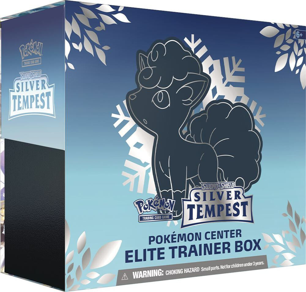 A Pokemon Silver Tempest Elite Trainer Box featuring Alolan Vulpix on the front.