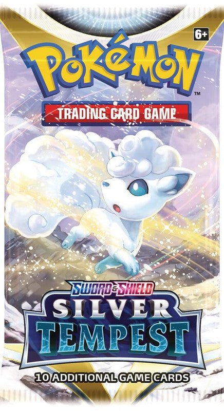 A Pokemon Silver Tempest booster pack featuring Alolan Vulpix on the front.