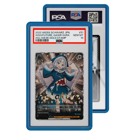 A blue protective case holding a PSA graded Gawr Gura Weiss Schwarz trading card.