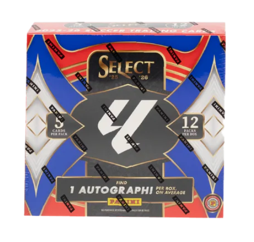 A 2025-26 Panini Select La Liga soccer hobby box featuring 12 packs of 5 cards each.