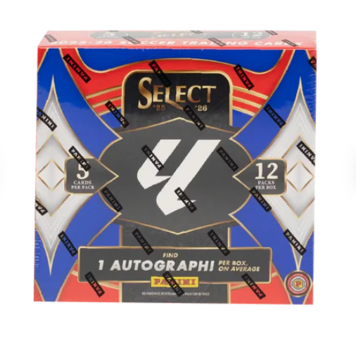 A 2025-26 Panini Select La Liga soccer hobby box featuring 12 packs of 5 cards each.