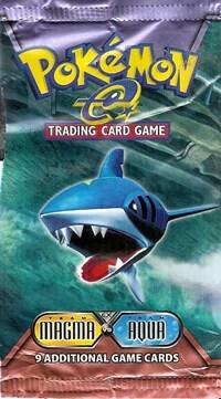 A Pokemon Team Magma vs Team Aqua booster pack featuring a Sharpedo illustration.
