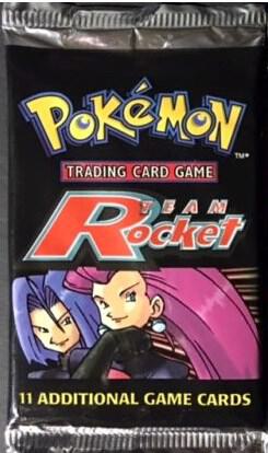 A sealed Pokemon Team Rocket booster pack featuring Jessie and James on the front.