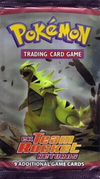 A sealed Pokemon Team Rocket Returns booster pack featuring Tyranitar artwork.