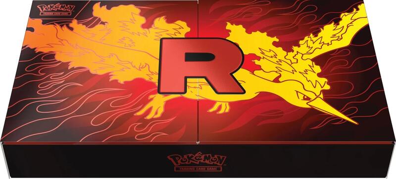 A Team Rocket Moltres ex Ultra-Premium Collection box featuring a large red R and Moltres art.