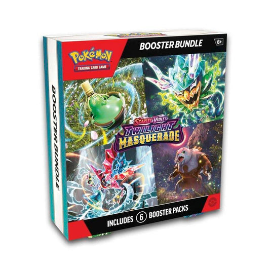 A Twilight Masquerade booster bundle box containing six Pokemon trading card game booster packs.