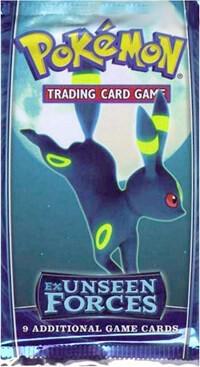 A sealed Pokemon Unseen Forces booster pack featuring Umbreon artwork against a full moon.