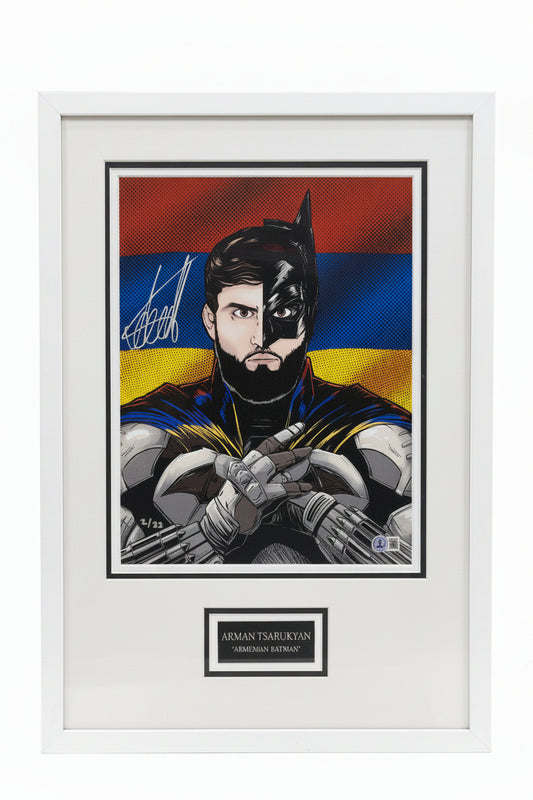 A framed art print of Arman Tsarukyan depicted as Batman against the Armenian flag.