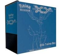 A blue Pokemon XY Elite Trainer Box featuring a white outline illustration of Xerneas.