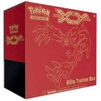 A red Pokemon XY Elite Trainer Box featuring an outline of the legendary Pokemon Yveltal.
