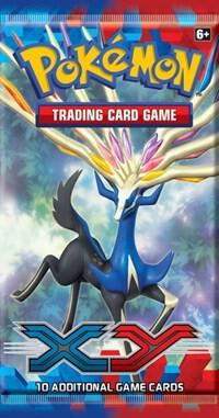 A Pokemon XY booster pack featuring Xerneas on the front packaging.