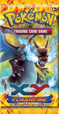 A Pokemon Flashfire booster pack featuring Mega Charizard on the packaging.