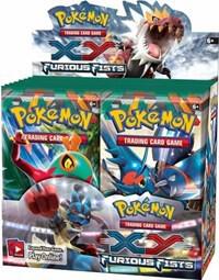 A Pokemon XY Furious Fists booster box featuring Mega Lucario and Hawlucha artwork.